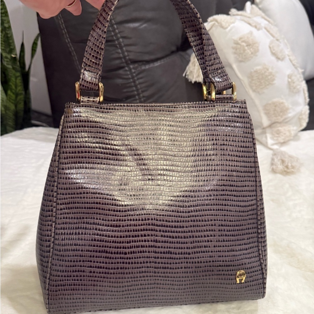 Etienne Aigner Brown Satchel with Structured Shape and Gold Accents